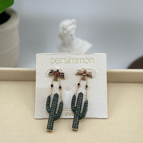 Persimmon Cactus Earrings with Green and Gold Accents - Picture 3 of 4